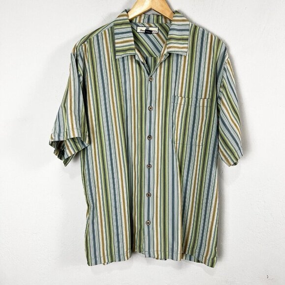 Tommy Bahama Button Down 100% Silk Vertical Striped Shirt Vacation Size Large - Picture 1 of 8